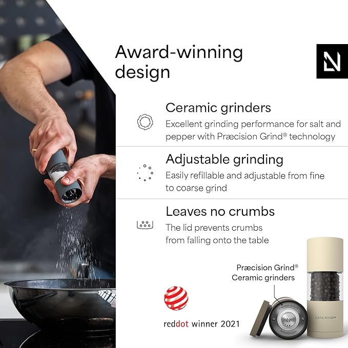 LARS NYSØM Salt and Pepper Grinder Set, Manual Salt and Pepper Mills with Adjustable Ceramic Grinder, Design Spice Shaker Set (Brown/Beige)