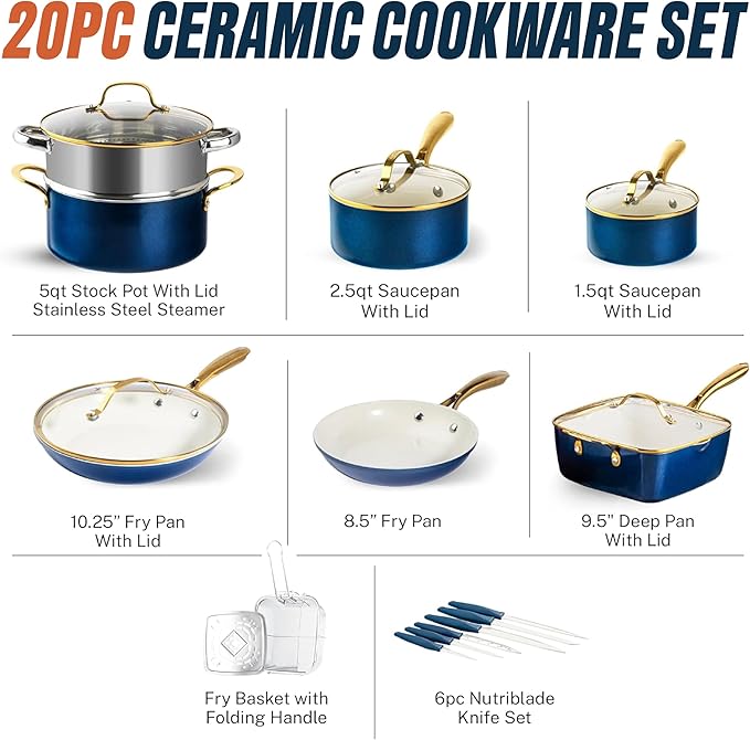 Gotham Steel 20pcs Pots and Pans Set Non Stick Ceramic Cookware Set with Deep Frying Pan Set & 6pc Knife Set, Improved Ti-Cerama Coating Made without PFOA PFOS Lasts 2x Longer, Oven & Dishwasher Safe