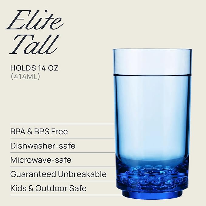 Drinique ELT-TA-BLU-4 Elite Tall Unbreakable Tritan Highball Glasses, 14 oz (Set of 4), Blue