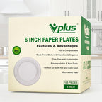 Vplus 125 Pack 6 inch Paper Plates 100% Compostable, Heavy-Duty Disposable Paper Plates Bagasse Natural Biodegradable Eco-Friendly Sugarcane（White）