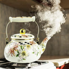 Floral Enamel Tea Kettle Bohemian Vintage Teapot Hot Water Coffee Kettle Pot 2.5L Porcelain Beige Colorful Rustic Tea Pot for Stovetop Hot Water Kitchen Decor