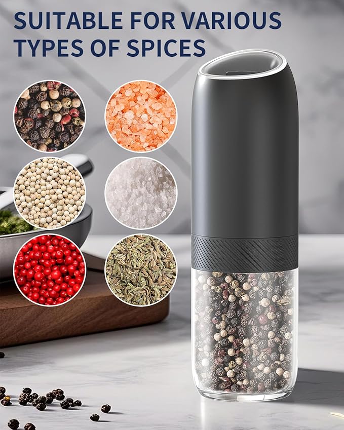 CIRCLE JOY Gravity Electric Salt and Pepper Grinder Set, Battery Powered Automatic Pepper Mills with Adjustable Coarseness, One Hand Operation, 176ml Large Container, Black - Includes 8 Batteries