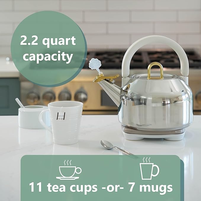 Michael Graves Design Steamy Kettle - Whistling 2.2 Quart Stainless Steel Stovetop Kettle, Induction Compatible, Ergonomic 2-Hand Grip Handle, Easy Flip Spout, Removable Lid, Fold-Down Storage Handle