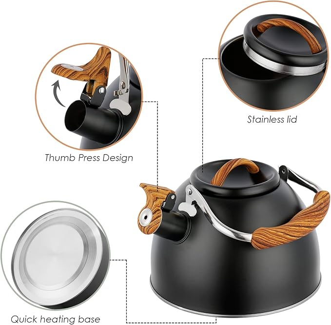 Tea Kettle -3.0 Quart Whistling Tea Kettle for Stove Top Stainless Steel Tea Pot Stovetop Food Grade Water Kettle with Wood Pattern Handle for Coffee/Tea/Milk Kettle Pot -Black
