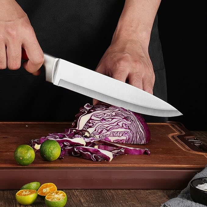 Kitchen Knife Set, 9-Piece Red Kitchen Knife Set with Acrylic Block, Non Stick Sharp High Carbon Stainless Steel Knife Set for Kitchen Cutting Meat Slicing Chopping Kitchen Women Gifts