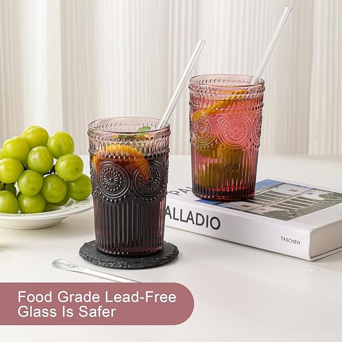 ZMOWIPDL Vintage Glassware Drinking Glasses Set of 6,13 oz Purple Textured Flower Design Glass Water Tumblers，Embossed Striped Drinkware for Water,Cocktails,Juice,Iced Coffee