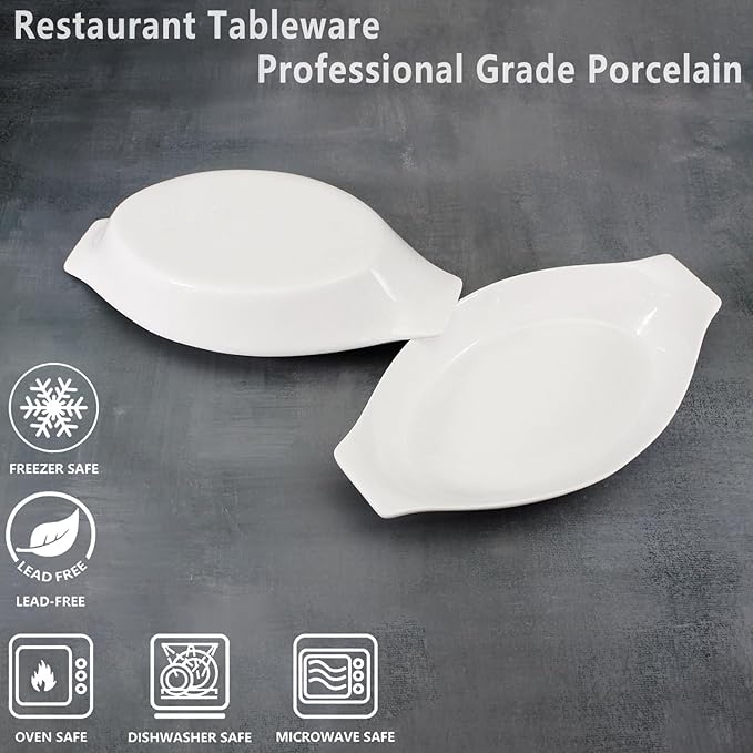 5 x 8 Inch Ceramic Oval Au Gratin Baking Dishes 12 OZ, Set of 4 Banana Split Bowls, for 1 or 2 Person Servings, Bakeware with Handle(10.3 IN) for Kitchen and Home, Oven & Microwave Safe