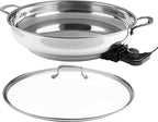 XL Electric 16" Skillet By CucinaPro- 18/10 Stainless Steel Frying Pan with Tempered Glass Lid and Handle, Round with Adjustable Temperature Control Probe, Portable, Includes Recipe Guide, Great Gift
