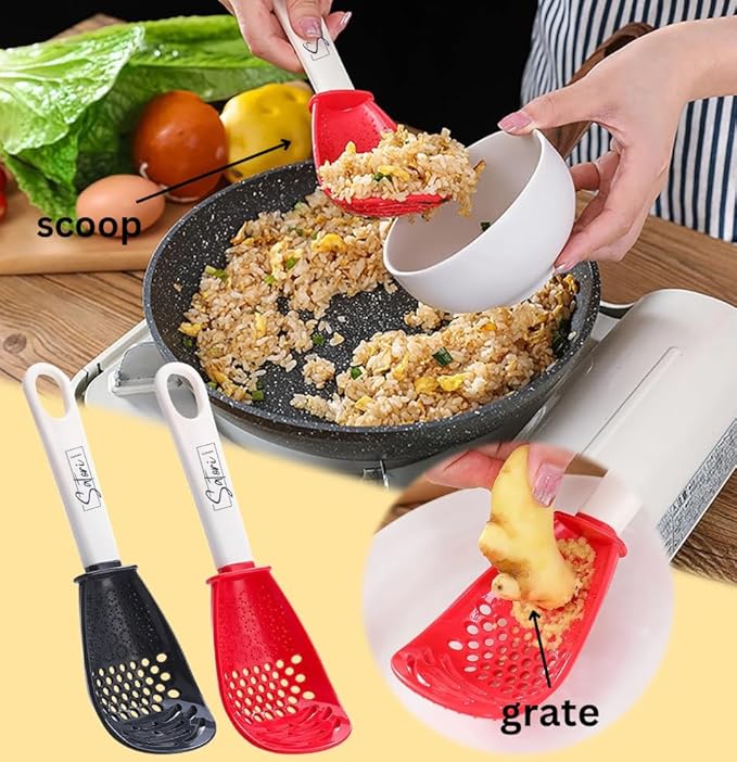Dual Color 6-in-1 Kitchen Tool, Spoon/Scooper with Perforated Heads for Easy Draining and Straining, Grating, Egg Separator, Set of 2, Ergonomic Grip Utensils
