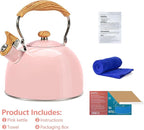 Tea Kettle,Whistling Tea Kettle Stovetop 2.6 Quart, Tea Pots for Stove Top Food Grade Stainless Steel,Wood Pattern Handle(Pink),With Anti Scald Towel
