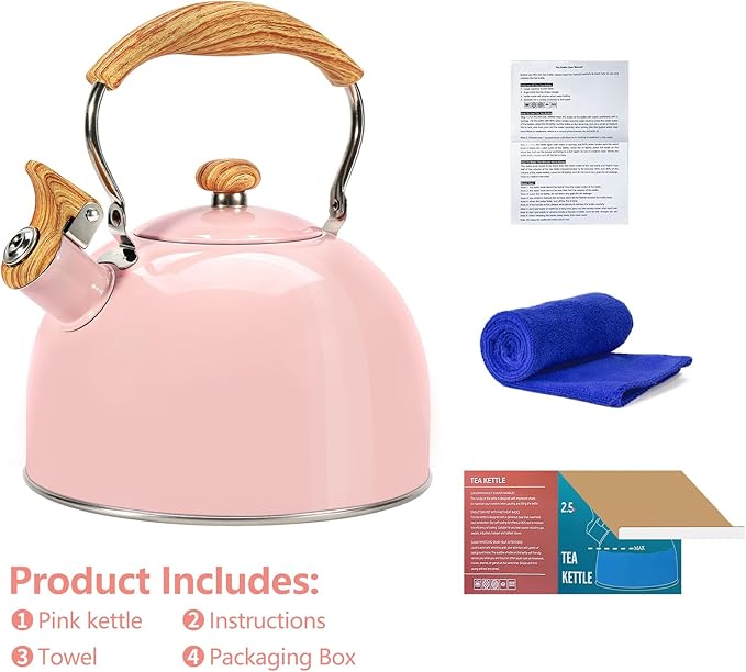 Tea Kettle,Whistling Tea Kettle Stovetop 2.6 Quart, Tea Pots for Stove Top Food Grade Stainless Steel,Wood Pattern Handle(Pink),With Anti Scald Towel
