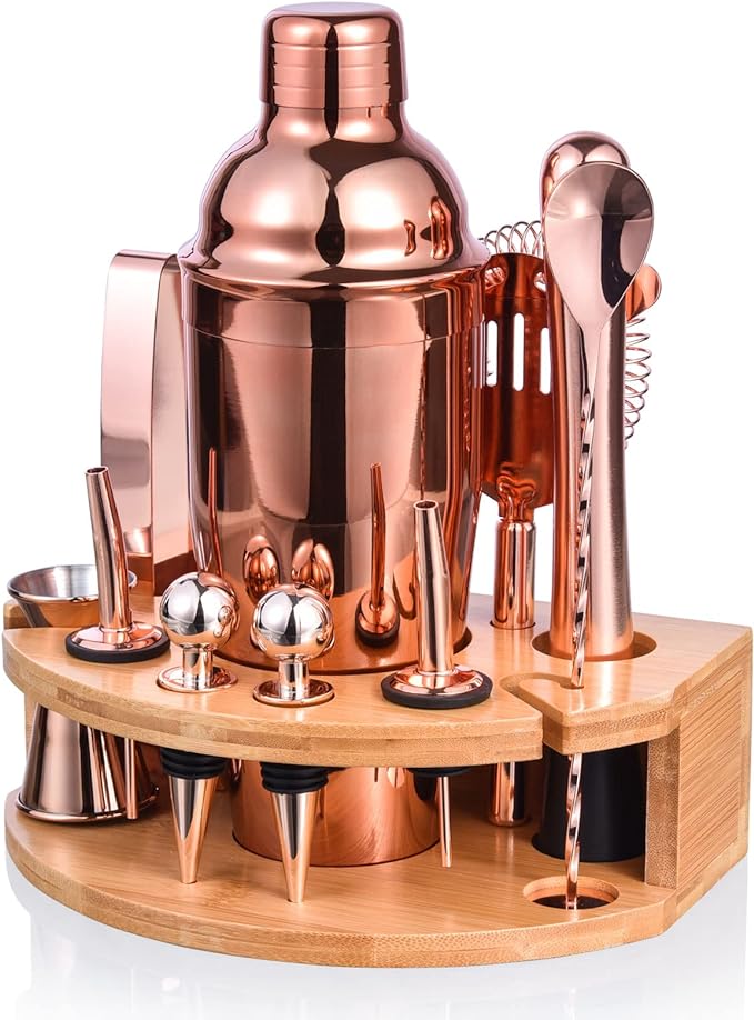 Bartender Kit with Stylish Bamboo Stand, 12 Piece 25oz Cocktail Shaker Set for Mixed Drink, Professional Stainless Steel Bar Tool Set, Gift for Man Dad- Cocktail Recipes Booklet (Rose Gold)