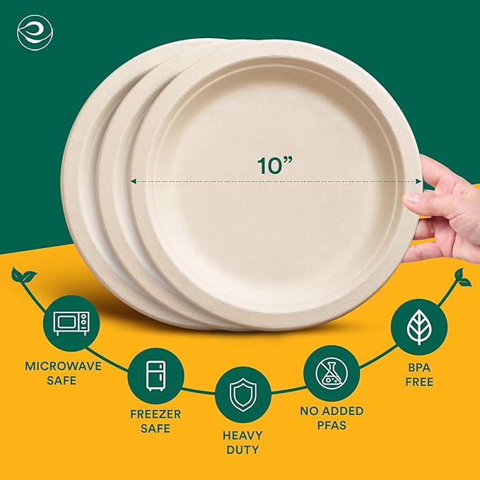 ECO SOUL 100% Compostable Paper Plates 10 Inch [1000-Pack] Biodegradable Heavy Duty Eco-Friendly Disposable Plates for Christmas Dinner, Parties, Wedding & Event