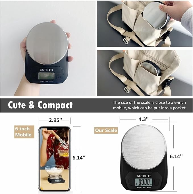 NUTRI FIT Digital Food Scale Small Kitchen Scales Weight in Grams and OZ for Cooking Baking Weight Loss, Stainless Steel Tare & Backlit LCD Display, Black