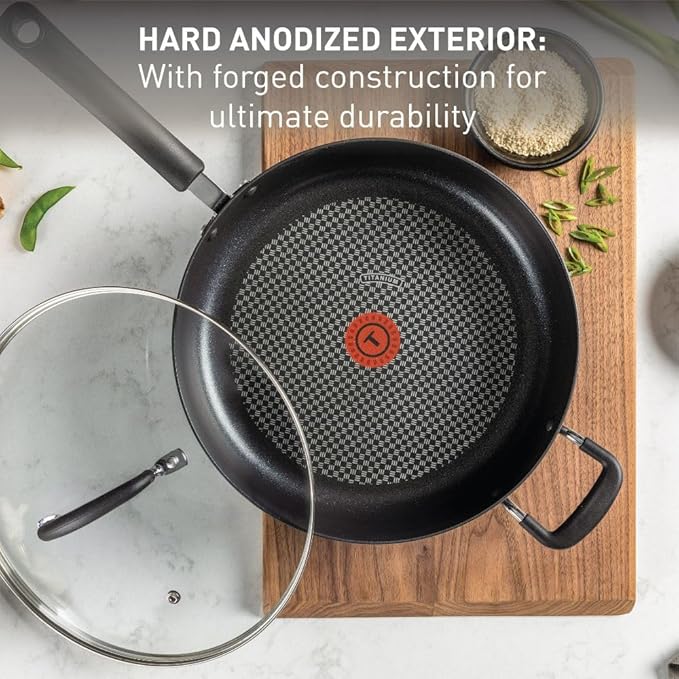 T-Fal Ultimate Hard Anodized Non Stick Jumbo Cooker With Lid & Helper Handle 5 Quart, Oven Broiler Safe 400F, Lid Safe 350F, Cookware, Deep Frying Pan, Skillet, Pots and Pans, Dishwasher Safe, Onyx