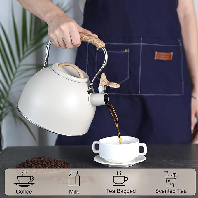 Tea Kettle, Vegoran 100 OZ / 3 Liter Whistling Tea Kettle, Tea Pots for Stove Top Food Grade Stainless Steel with Wood Pattern Folding Handle, Loud Whistle Kettle for Tea, Coffee, Milk (Milk White)