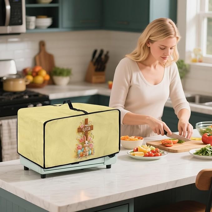 Easter Egg Bunny Cross Print Toaster Oven Cover for Kitchen Countertop Decor, Easter Kitchen Small Appliance Dust Cover Microwave Oven Protector, Yellow, (Large-18.5*22.5*12.99 inches)