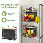 Wawocs Magnetic Shelf for Fridge with Wood Lid, 2 Tier Fruit Baskets Wall Mounted Hanging Basket with 4 Hanger Hooks, Potato and Onion Magnetic Storage Bins for Kitchen Counter, Refrigerator, Cabinet