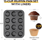 HONGBAKE Muffin Pans with 120 Natural Liners, Nonstick 12 Cup Cupcake Baking Tray, Premium Standard Size, 2 Pack, Dark Grey