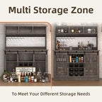 4ever2buy Farmhouse Coffee Bar Cabinet with 3 Storage Hutch, 47”Coffee Bar with Sliding Barn Doors, Hutch Cabinet with 6 Hooks & 9 Wine Racks for Dining Room, Kitchen, Wash Grey
