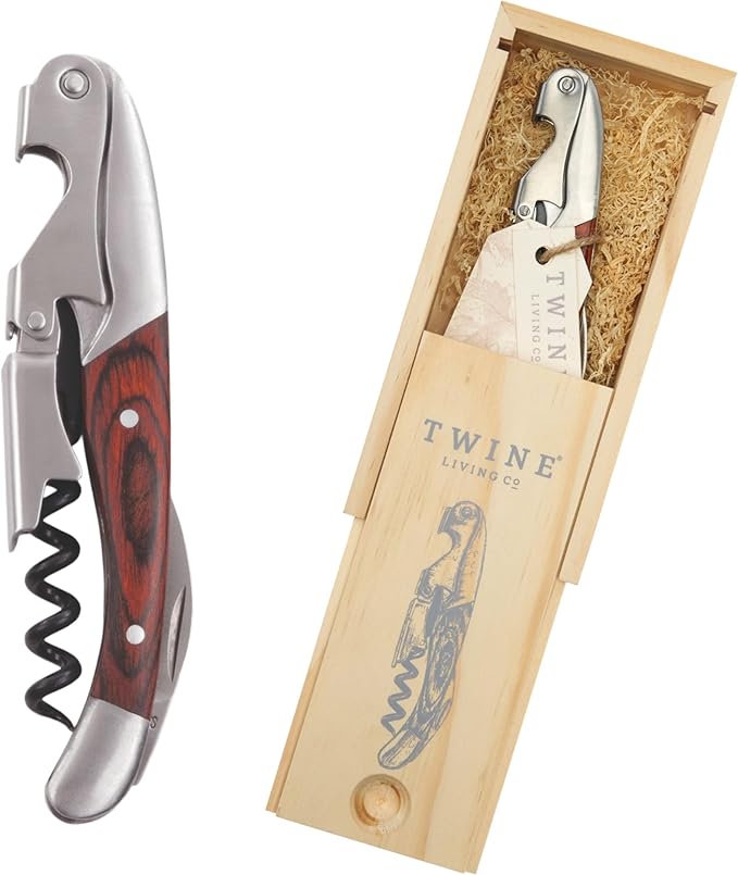 Twine Double Hinged Waiters Corkscrew Wine Opener in Wooden Gift Box, Durable Stainless Steel with Built-in Bottle Opener and Foil Cutter for Home Bar, Kitchen, Travel, Gifts for Wine Lovers, Set of 1