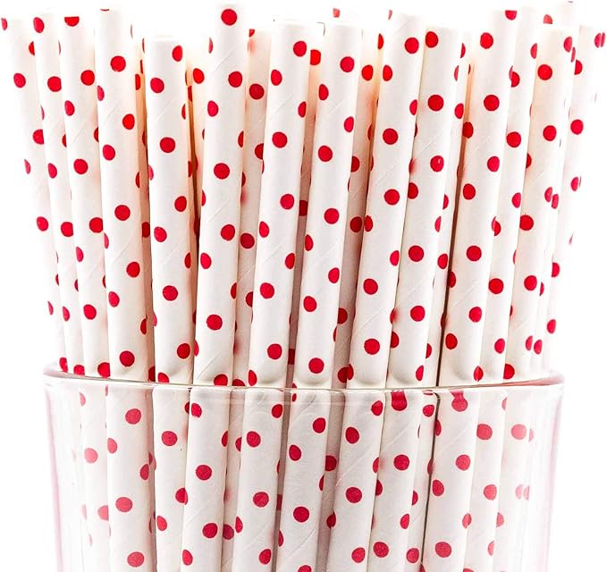 Pack of 150 Red Polka Dot Biodegradable 4-Ply Paper Drinking Straws (Compostable, Non-toxic, BPA-free)