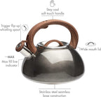 Primula Avalon Whistling Stovetop Tea Kettle, Food Grade Stainless Steel Wide Mouth, Fast to Boil, Cool Touch Handle, 2.5-Quart, Gunmetal Grey and Wood-Look