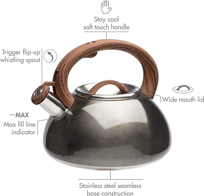 Primula Avalon Whistling Stovetop Tea Kettle, Food Grade Stainless Steel Wide Mouth, Fast to Boil, Cool Touch Handle, 2.5-Quart, Gunmetal Grey and Wood-Look