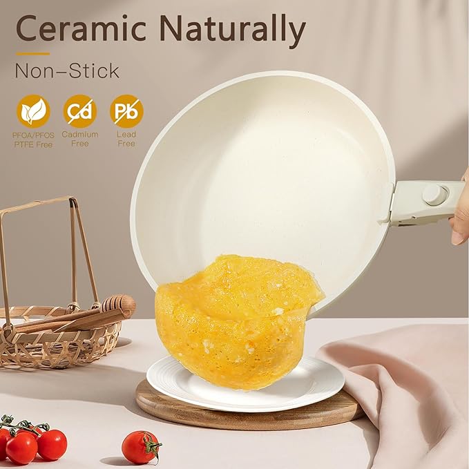 GiPP Ceramic Pots and Pans Set Non Stick, Nonstick Detachable Handle Cookware Sets, Healthy Non Toxic PFAS PFOA & PTFE Free, Dishwasher ＆Oven Safe, Induction Kitchen Pot and Pan, 15 Piece Cream
