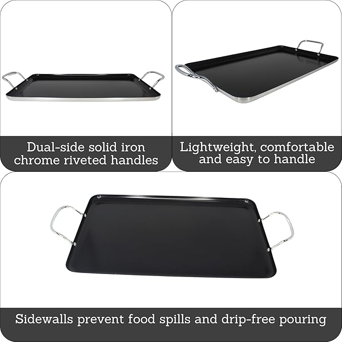 IMUSA Ceramic Nonstick, Stovetop Double Burner Griddle with Metal Handles, 19-Inch, Black