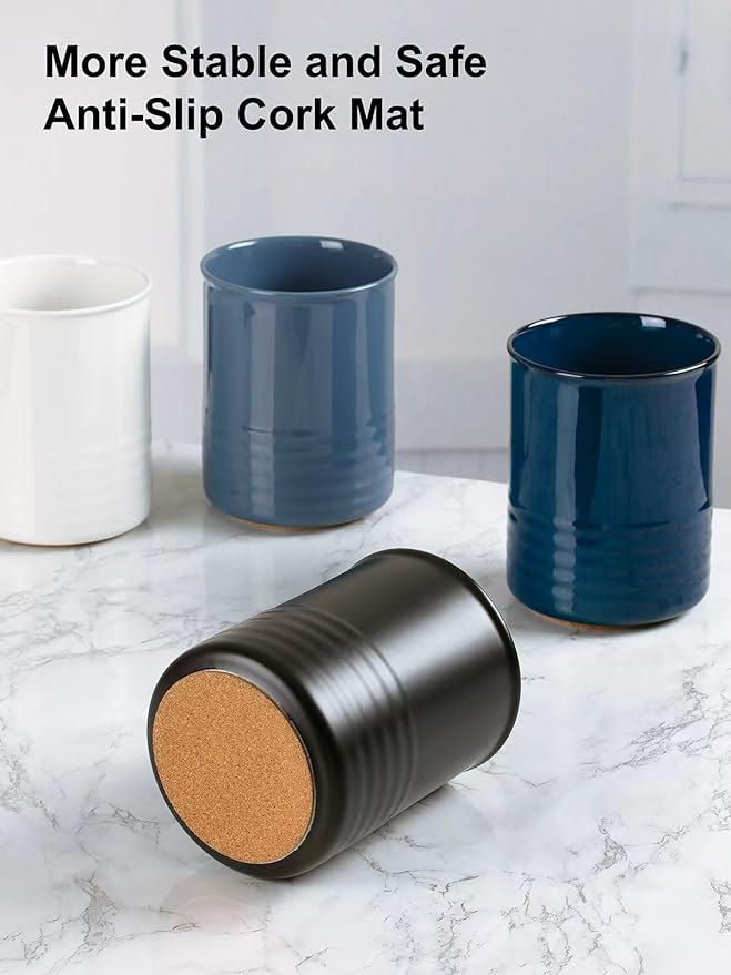 Utensil Holder, 6.7" Ceramic Kitchen Utensil Crock for Countertop Cooking, Modern Utensil Caddy Jar Organizer for Farmhouse Kitchen Counter Décor, Blue