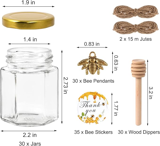 BIGIVACA 3 oz Mini Honey Jars - 30 Pack Hexagon Glass Jars with Wood Dippers, Gold Lids, Bee Pendants, Jutes, Stickers for Wedding Favors, Party Favors, Candle Making