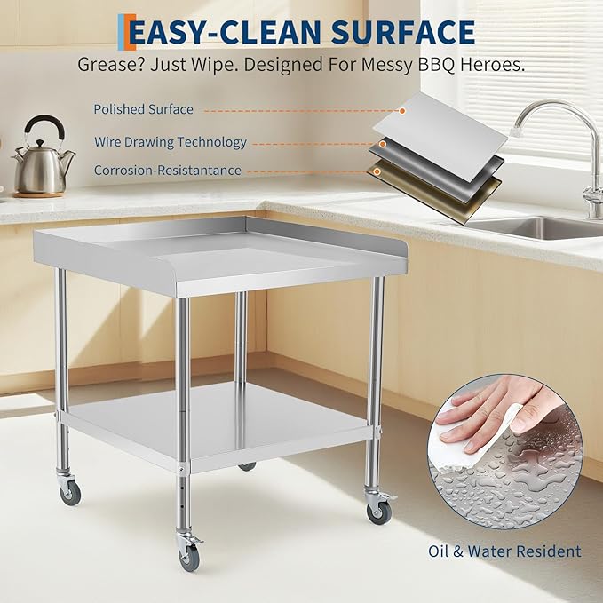 36x30x30 in Stainless Steel Equipment Grill Stand Table NSF Certified with 5 in Wheels, 400 LBS Capacity, 2 in Edge Baffle, for Hotel, Home, Commercial Restaurant Kitchen