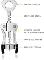 True Spiral Winged Corkscrew Wine Opener, Multi-Purpose Bottle Opener for Beers and Soft Drinks, Stainless Steel with Rubber Grip Wing Handle, for Bartenders, Home Bar, Kitchen, Restaurant, Silver