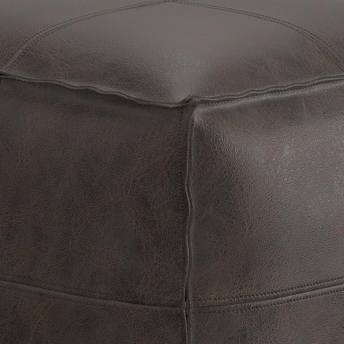 SIMPLIHOME Sheffield Square Pouf - 18 inch Wide Genuine Leather Ottoman in Distressed Dark Brown, Boho-Style Footrest, Extra Seating, or Accent Piece for Living Room or Bedroom, Assembled