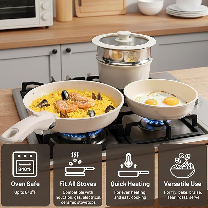 KIKCOIN Nonstick Pots and Pans Set - Ceramic Cookware Set with Detachable Handle - 25 Pack Healthy Pans Set for Cooking - Stackable for RV Kitchen, Induction Ready - Dishwasher and Oven Safe