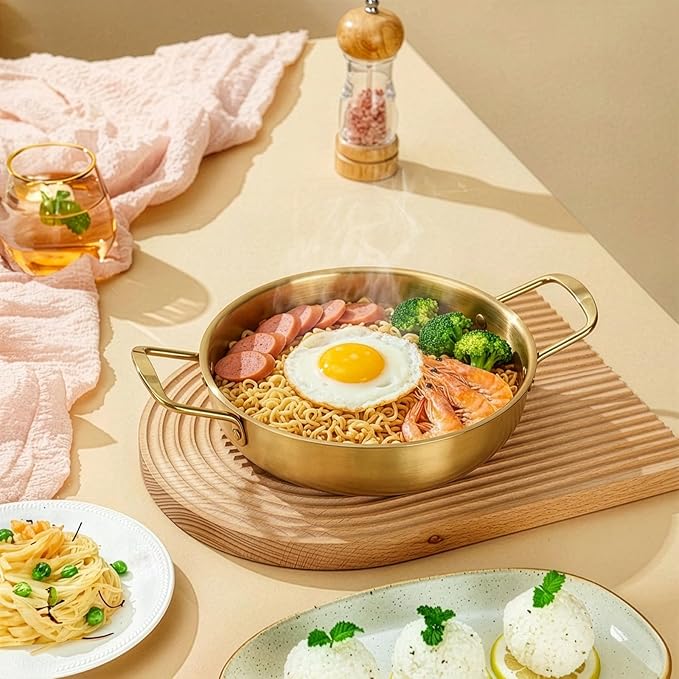 Okllen Set of 3 Korean Ramen Noodle Pot with Handles, Stainless Steel Everyday Pan, Golden Korean Cooking Pot for Soup, Noodle, Pasta, Home and Outdoor, Dishwasher Safe, Size 7", 8.7", 9.5"