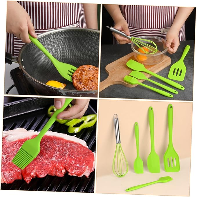 Ipetboom 5pcs Silicone Kitchen Utensil Set Nonstick Cooking Tools with Beater Turner for Baking and Mixing Heat Resistant Green Cooking Utensils with Hanging for Home and Restaurant Use