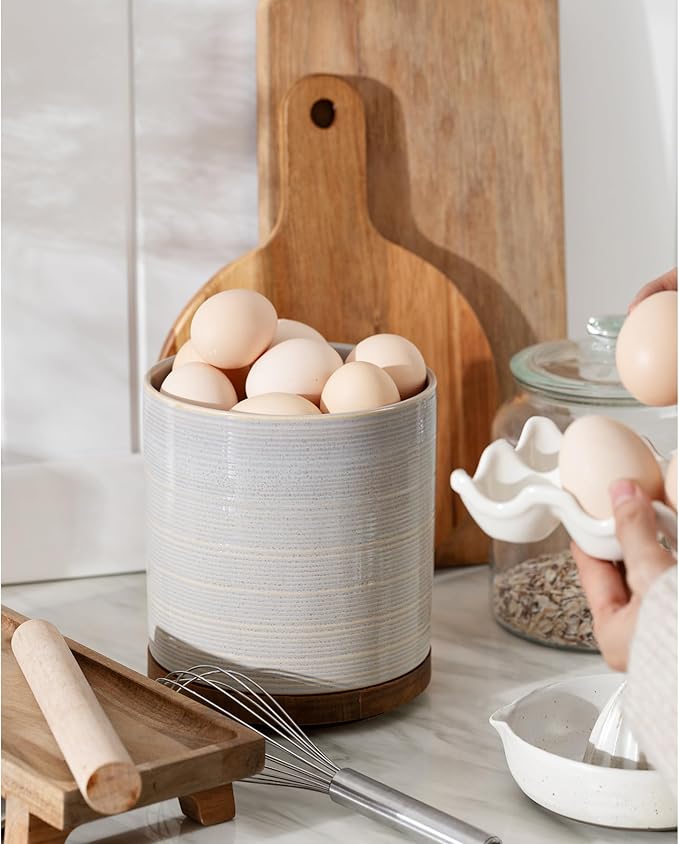 Utensil Holder, 360° Rotating Extra Large Ceramic Kitchen Utensil Holder for Countertop, 7.3“ Cooking Utensil Crocks for Kitchen Counter with Rotatable Wooden Base, Farmhouse Decor, Grey