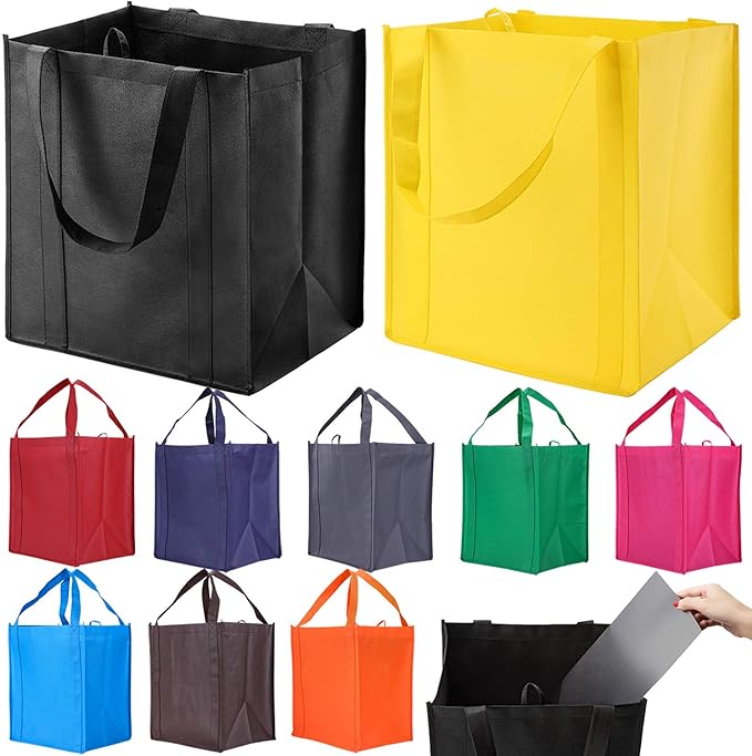 NERUB 10 Pack Reusable Reinforced Handle Grocery Bags - Heavy Duty Large Shopping Totes with Thick Plastic Bottom can hold 40 lbs