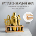 Modern Mixology Cocktail Shaker Set - Bartender Kit with Pine Stand | Leak-Proof Design | Includes Martini Shaker, Jigger, Strainer, Spoon, Tongs | Perfect Bar Tools Gift for Home Mixology (Gold)