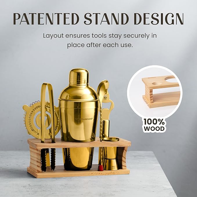 Modern Mixology Cocktail Shaker Set - Bartender Kit with Pine Stand | Leak-Proof Design | Includes Martini Shaker, Jigger, Strainer, Spoon, Tongs | Perfect Bar Tools Gift for Home Mixology (Gold)
