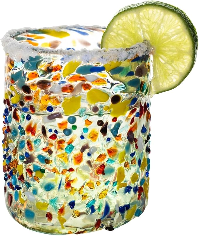 Confetti Dots Hand Blown Tumbler Glasses - 100% Recycled Mexican Glassware - Artisan Crafted Drinking Glasses for Cocktails, Wine, Tequila, or Water - Set of 6 (10 oz)