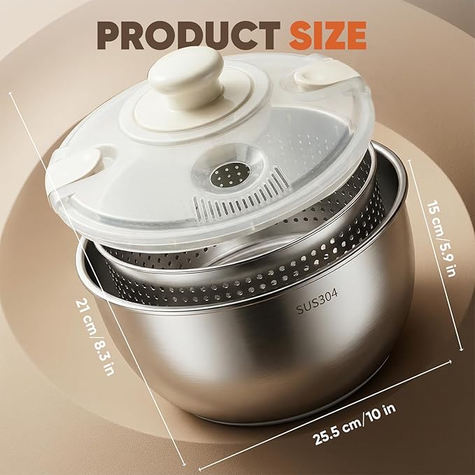 Stainless Steel Salad Spinner & Fruit Washer, 6L Quick-Spin Vegetable Spinner with Drain Lid, Pasta Dryer & 3-Bowl Set, Commercial-Grade Salad Spinner for Kitchen, Easy Clean & Dishwasher Safe
