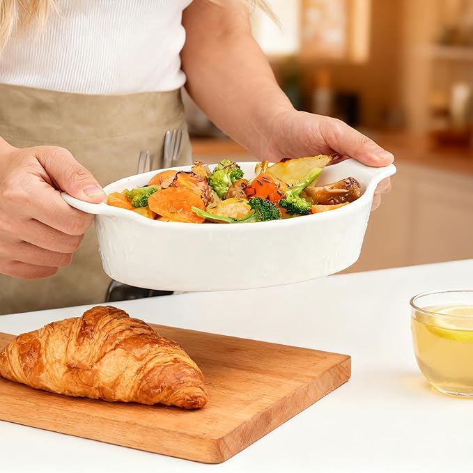 TONGDAHE Oval Au Gratin Baking Dishes Set of 4 9" x 5" 19 oz Classic white Ceramic Oven Safe & Heat Resistant With Handles for Small Mini Casseroles Cooking & Serving