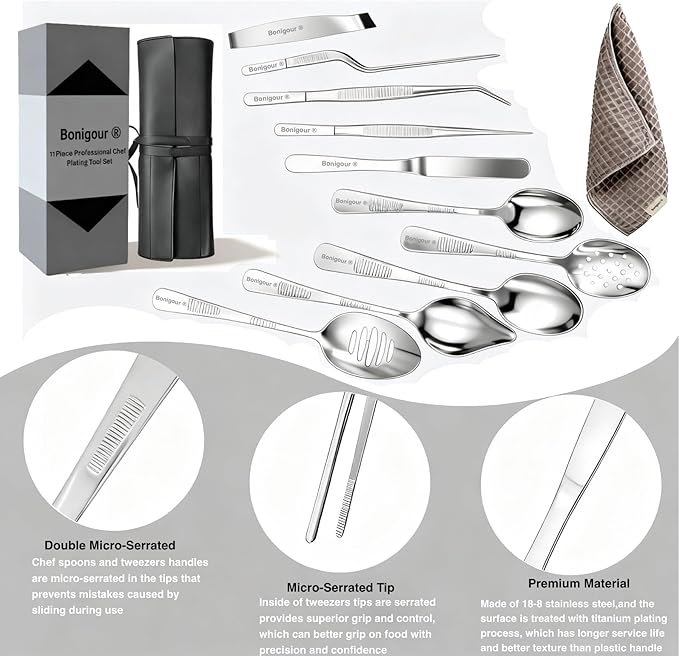 | Plating Tools Culinary Set | 11 Piece Professional Chef Plating Tools Pro Kit | Kitchen Plating Utensils | Modernist Cuisine Food Art | Stainless Steel | Black (Silver)