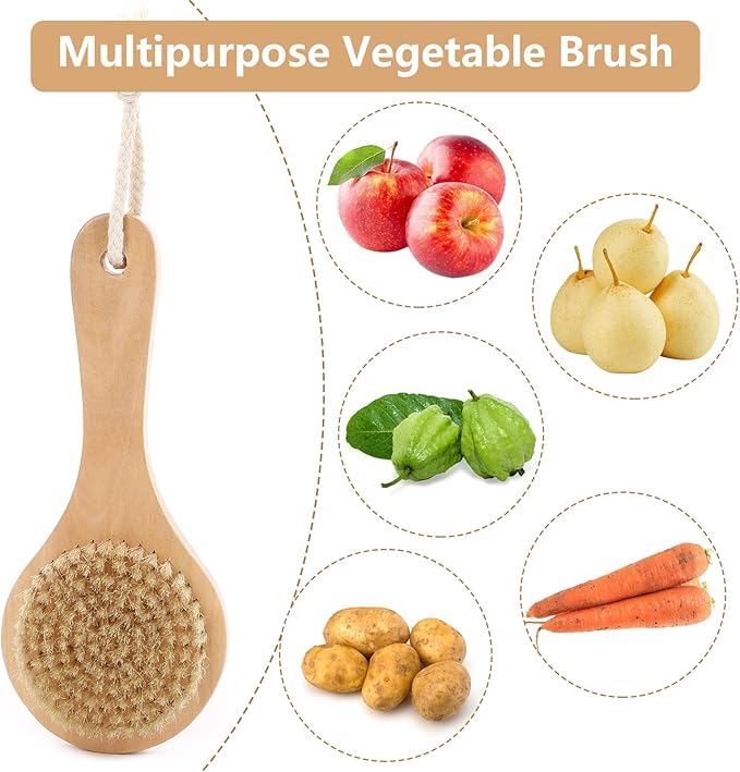 Vegetable Brush, Cleaning Brush with Long Handle for Potato Carrot Cucumber and Fruits Veggie Wash Brushes Wooden Dish Brush for Pans Pots Fruits Vegetable