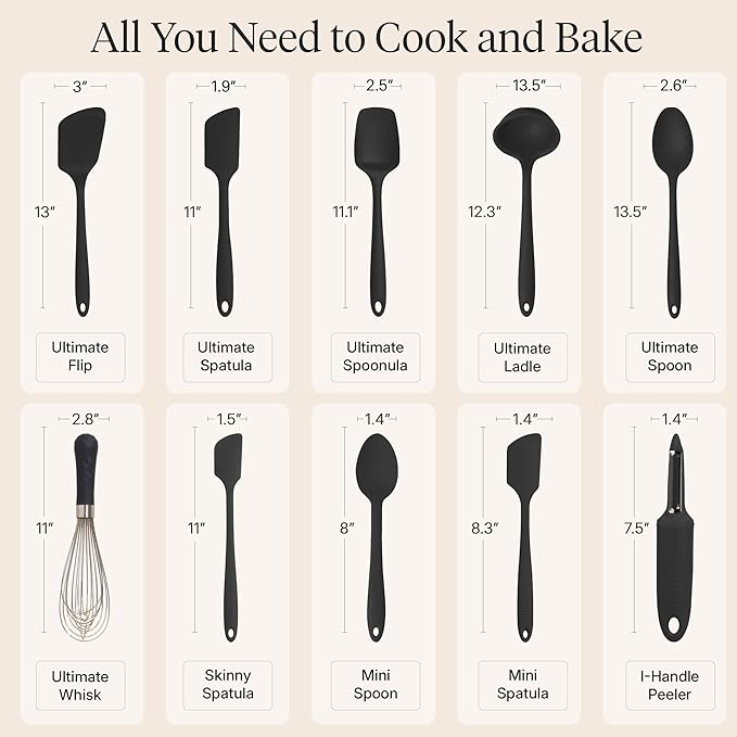 GIR: Get It Right 10-Piece Cooking Utensils Set - Black Silicone - Spatula Set, Silicone Spatulas & Kitchen Spoons - Heat-Resistant up to 425°F - Nonstick Cookware-Friendly - Dishwasher-Friendly
