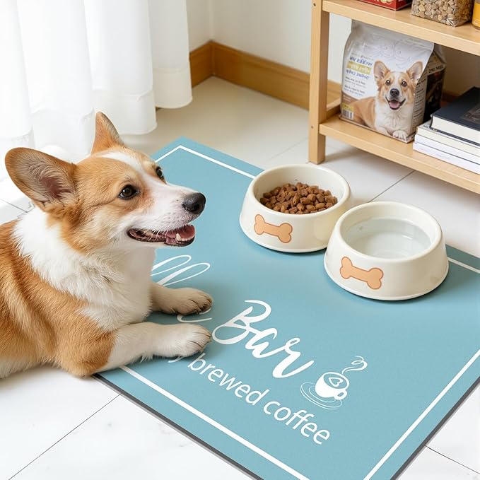 Findosom Dish Drying Mat, 16"x 24" Super Absorbent & Hide Stain Coffee Mat, Cuttable Drying Mat for Kitchen Counter, Coffee Bar Accessories, Under Dish Rack, Coffee Maker, Espresso Machine, Blue