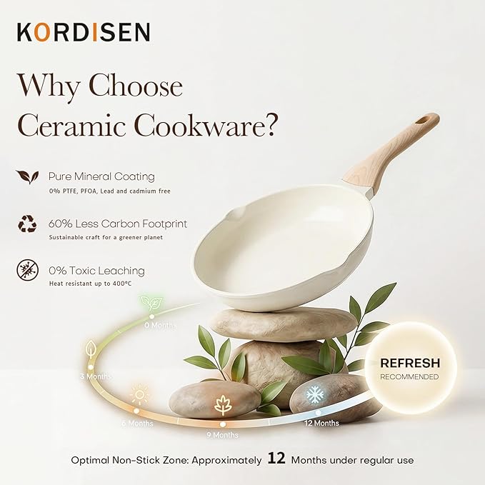 Kordisen Ceramic Nonstick Frying Pan Skillet Set with Lid, 3 Piece Ceramic Pans for Cooking Non Toxic, Healthy Induction Cookware, Stay-Cool Handle, PFOA & PFAS Free (9.5 Inch, 11 Inch, 12.5 Inch)